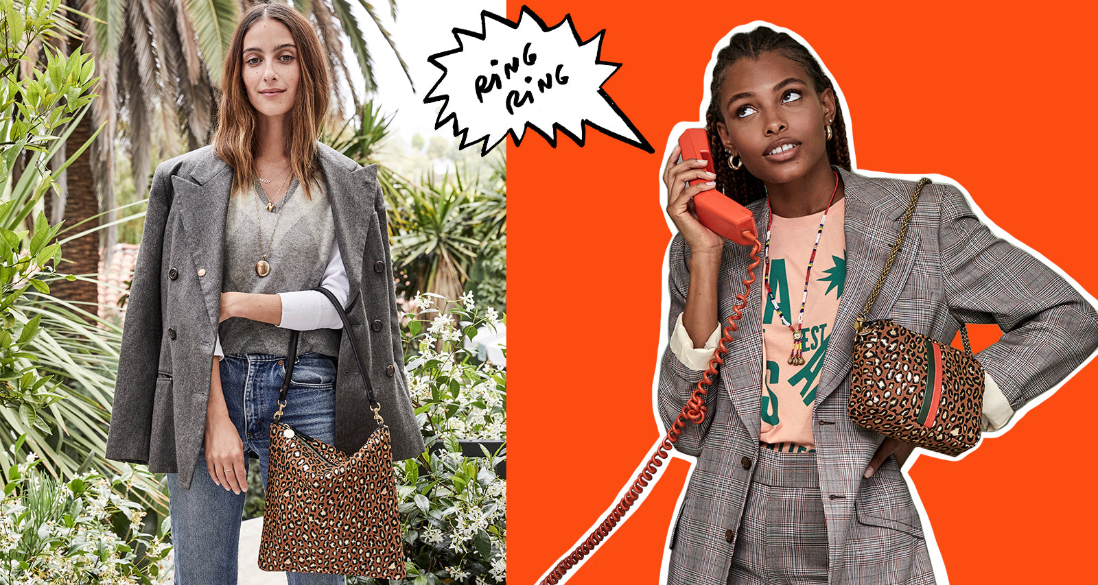 Ring Ring! Model Holding a Red Phone and Wearing Our Metallic Cat Midi Sac and Frannie Wearing our Metallic Cat Foldover Clutch with Tabs with Black Tubular Strap