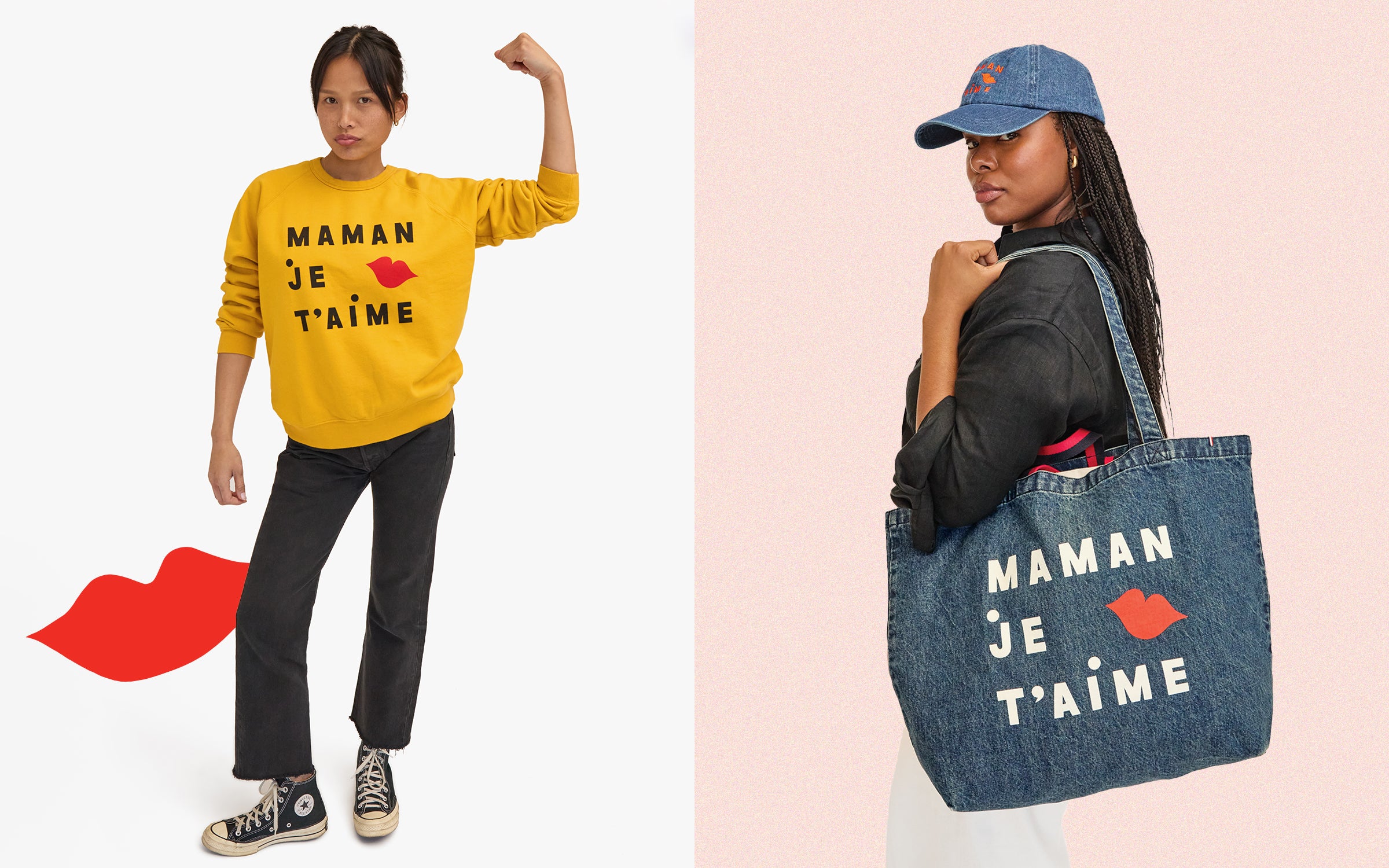 Maman Je T'aime Marigold Sweatshirt and Maman Je T'aime Jumbo Tote.