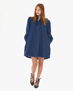 Aurelia wearing the Denim Twill Ella Dress with black ballet flats