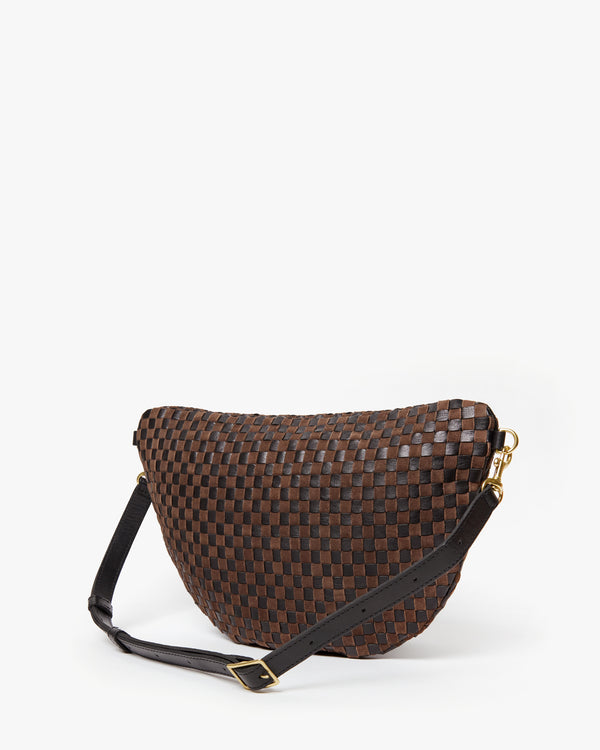 Back of the Black/Chocolate Woven Grande Fanny showing the Black leather belt strap.