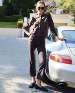 Lillian wearing the Le Snap w/ Mini Ruffle with the Chocolate Le Flare Pants