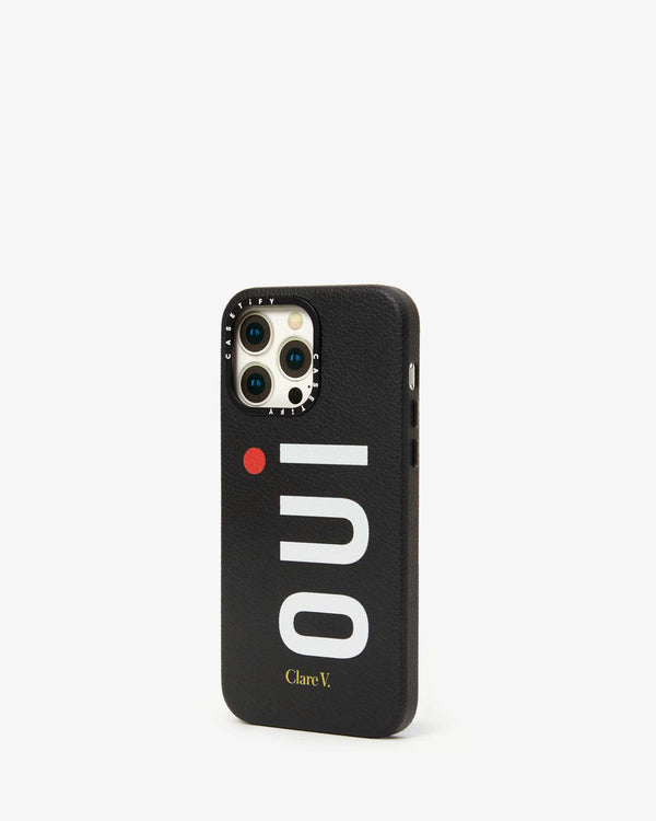 side angled view of the Black Oui Leather iPhone Case
