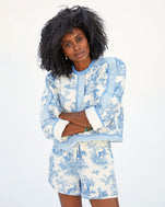 mecca wearing the Lilou Jacket St. Calais Blue Toile with matching st calais blue toile shorts
