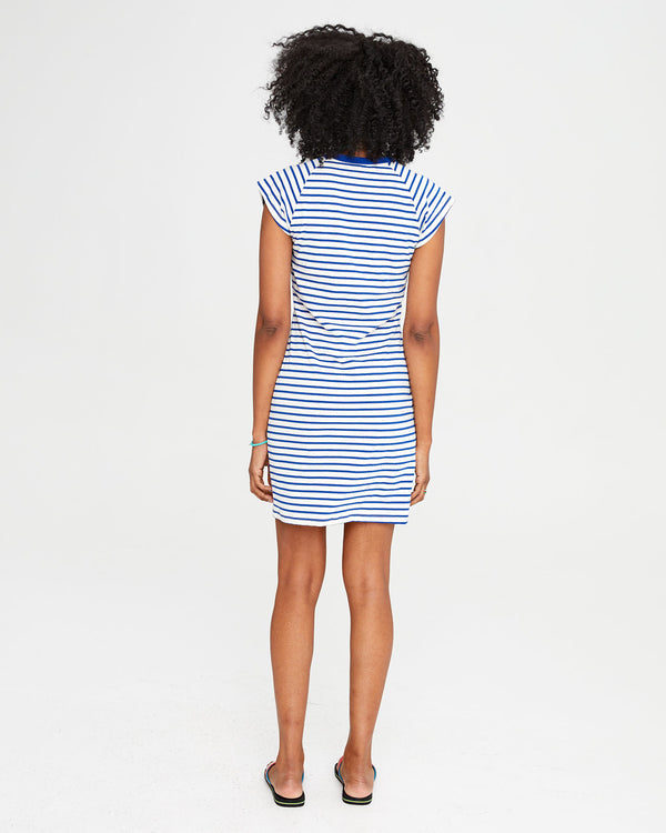 back view of mecca in the Cobalt and Cream Petit Stripe Raglan Tank Dress