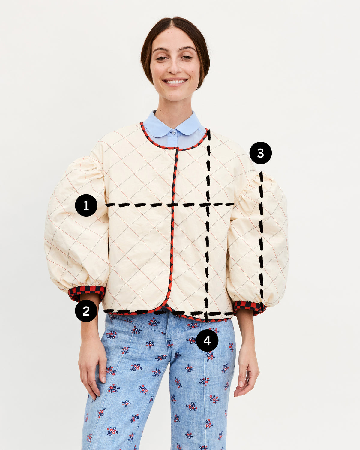 image of Frannie in a white jacket with 4 lines depicting where the user should measure for their bust, sweep, sleeve and length measurements in comparison to the garment