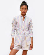 Sandra in the Steven Alan Single Needle Shirt in Multi Seersucker with the matching shorts