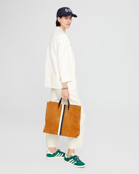 Clare V. Simple Tote Camel Suede with Black & White Stripes