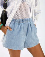 Mecca wearing the engineer stripe st martin shorts