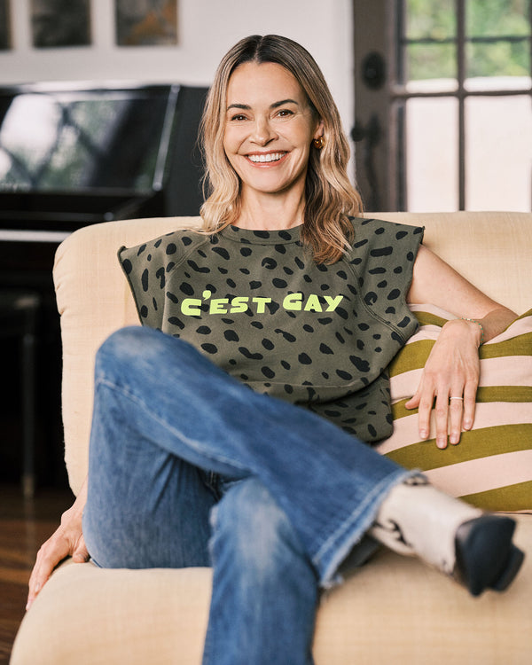 Sweatshirt Vest on model sitting
