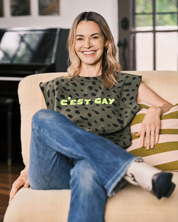 Sweatshirt Vest on model sitting