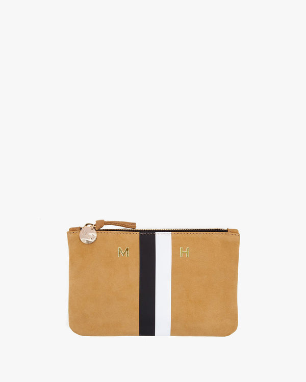 Camel with Black & Cream Stripes Wallet Clutch with Gold Foil Monogram