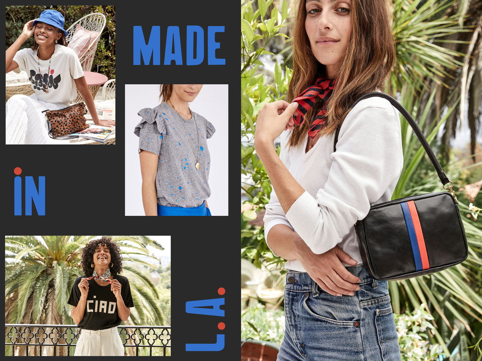 Made in L.A. Featuring Frannie Wearing Our Black with Stripes Midi Sac and Other Clare V. Items - Ruffle T-Shirt, Leopard Sac Bretelle, Ciao Original Fit Tee