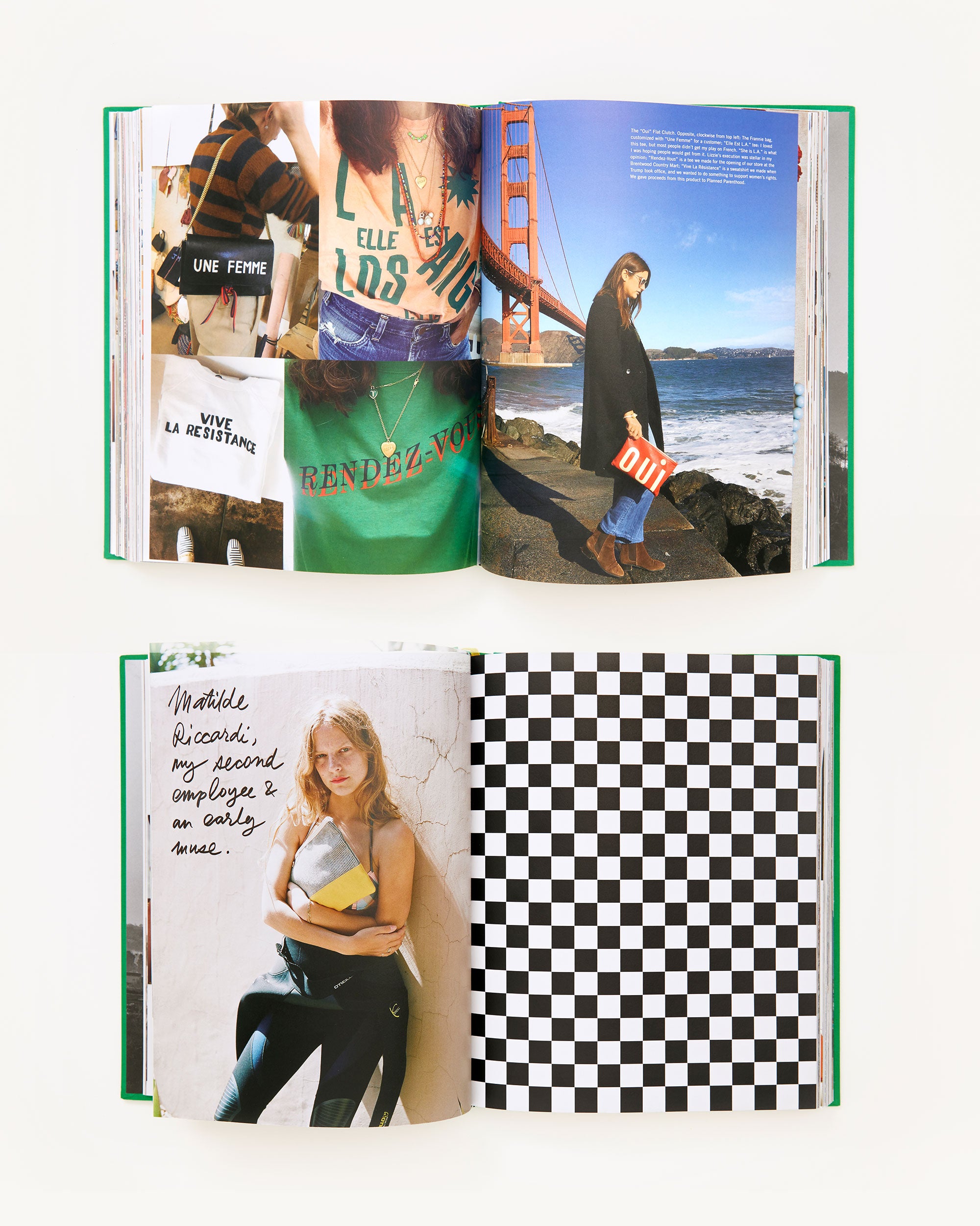 Two images showing La Vie De Clare V. open. You can see images showing our printed tees and a spread showing Matilde - Clare's second employee, model, and early muse.