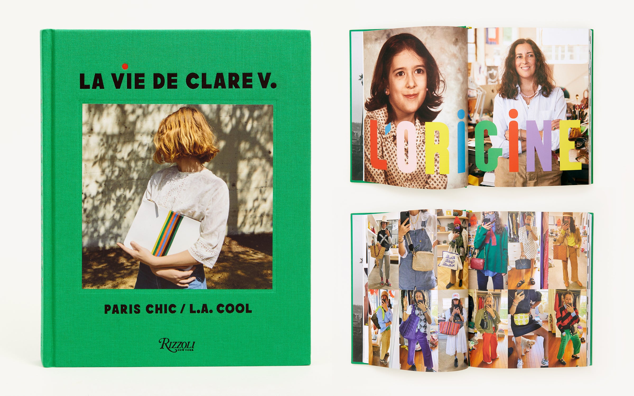 La Vie De Clare V. Book Cover on the left. On the right, there are two spreads of the inside of the book - one has the word L'origine and features a picture of Clare when she was a teen and a picture of her now, the other spread features a collage of Clare Vivier selfie mirror pics where she's carrying and wearing Clare V. bags and apparel.