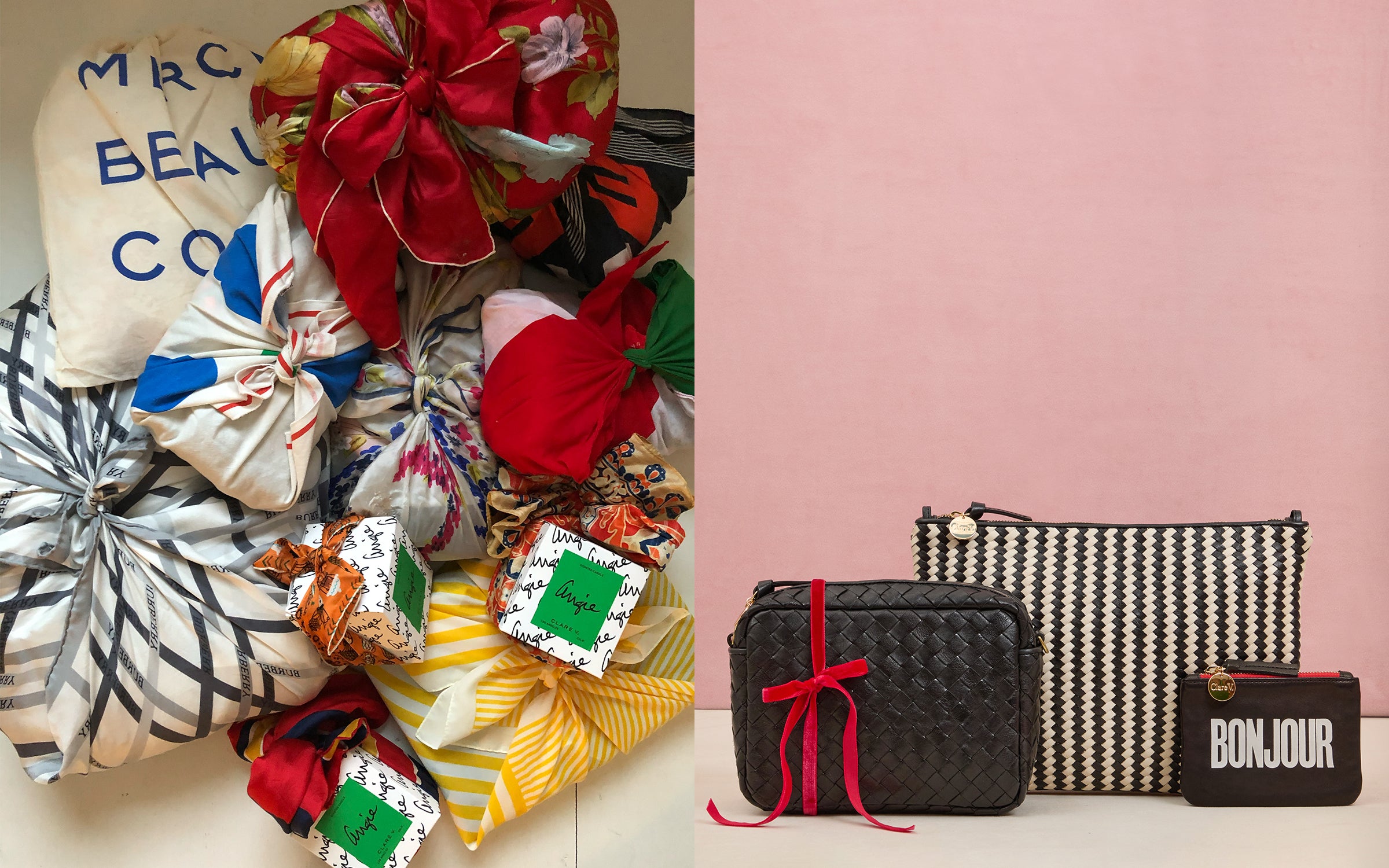 Clare V. Wrapped gifts next to Clare's Picks.