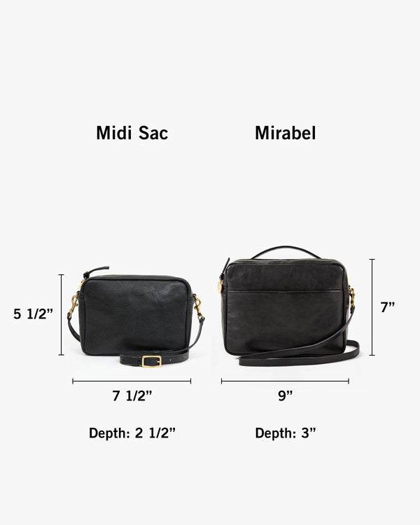 Midi Sac with dimensions 5 and a half inches tall by 7 and a half inches wide with a depth of 2 and a half inches next to Mirabel with dimensions 7 inches tall by 9 inches wide with a depth of 3 inches