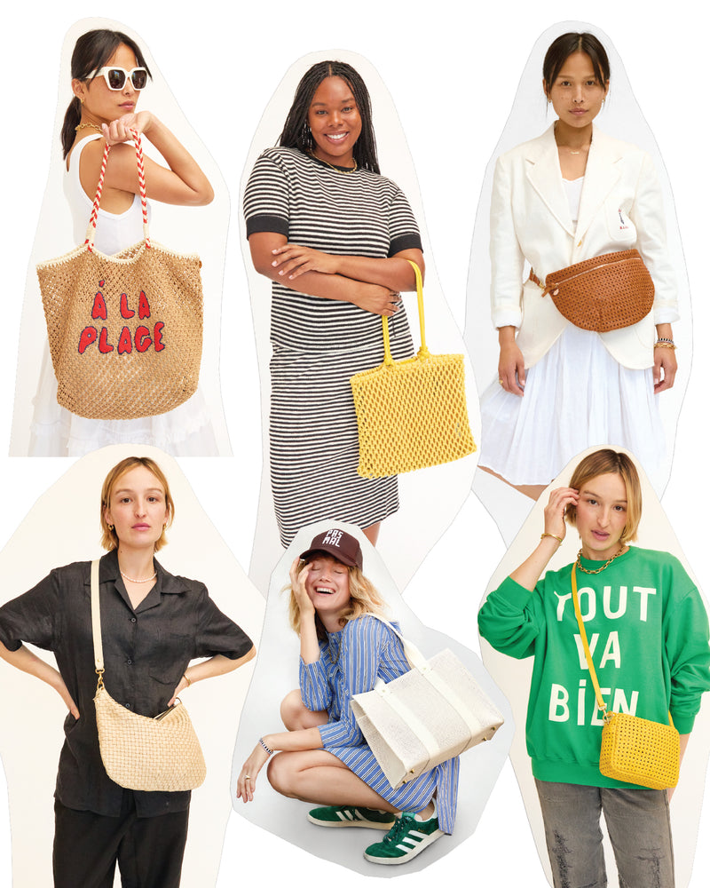 Collage of Clare V. models carrying our Spring collection handbags and some apparel pieces. 