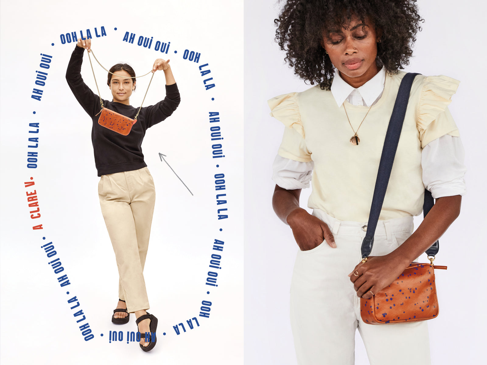 Ooh La La. Ah Oui Oui,. A Clare V. Models wearing our Toffee Splash Collection - Zip Wallet w/ Tabs, Poche, and Midi Sac w/ Black Cotton Webbing Crossbody Strap