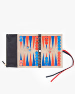 Black backgammon set unrolled, with the pieces laid out