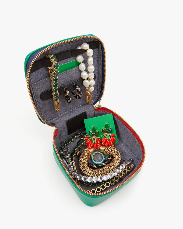 Emerald Nappa Box A Bijoux open and full of jewelry pieces.