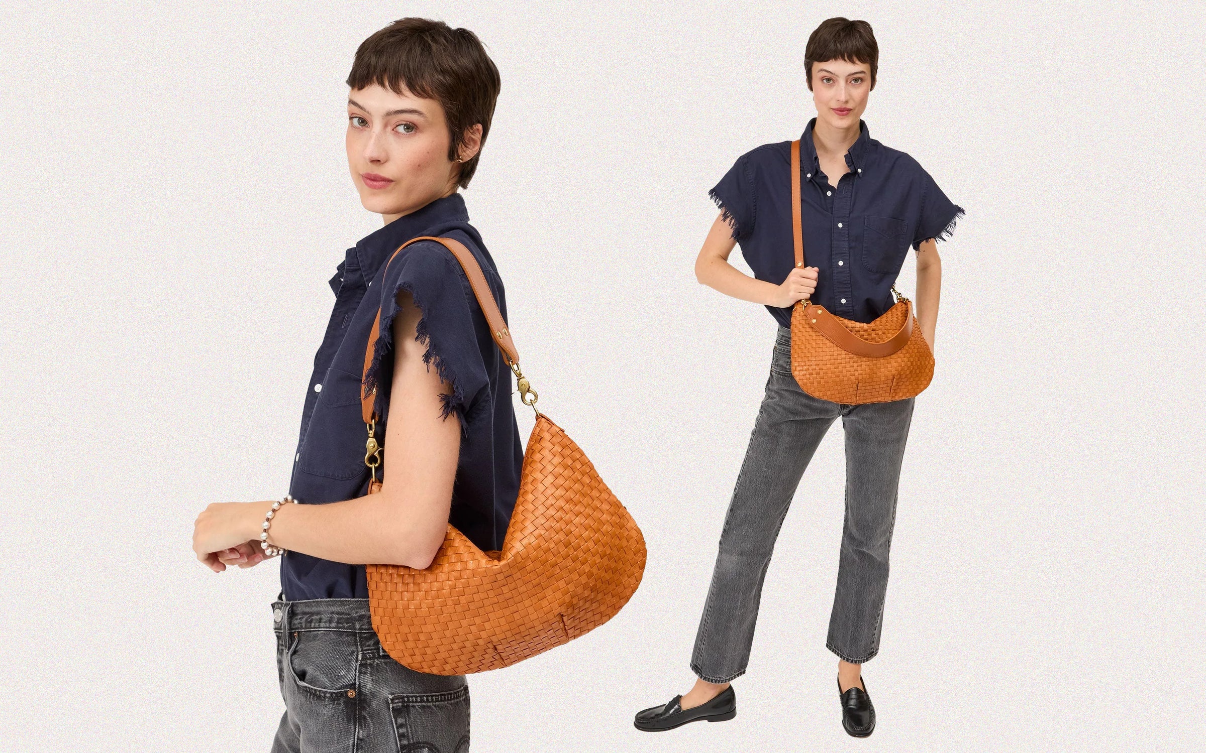 Model carrying the Natural Woven Moyen Messenger as a Shoulder Bag and as a Crossbody.