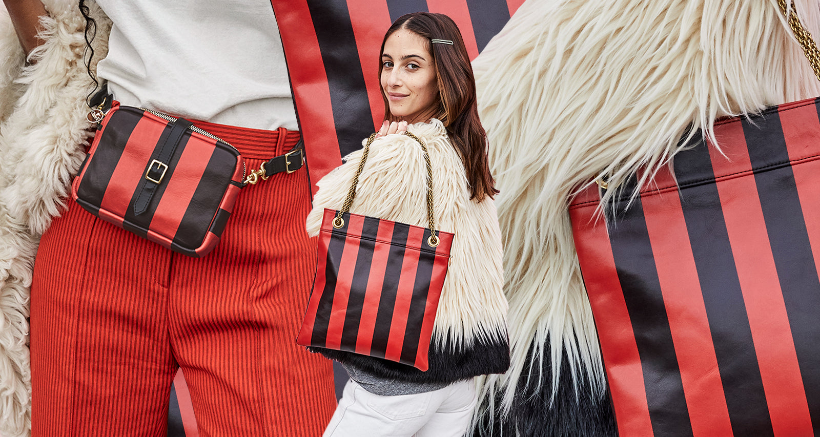 Black & Cherry Red Striped Gigi Worn As a Fanny Pack. Frannie Wearing the Black & Cherry Red Striped Rustic Delphine on her Shoulder