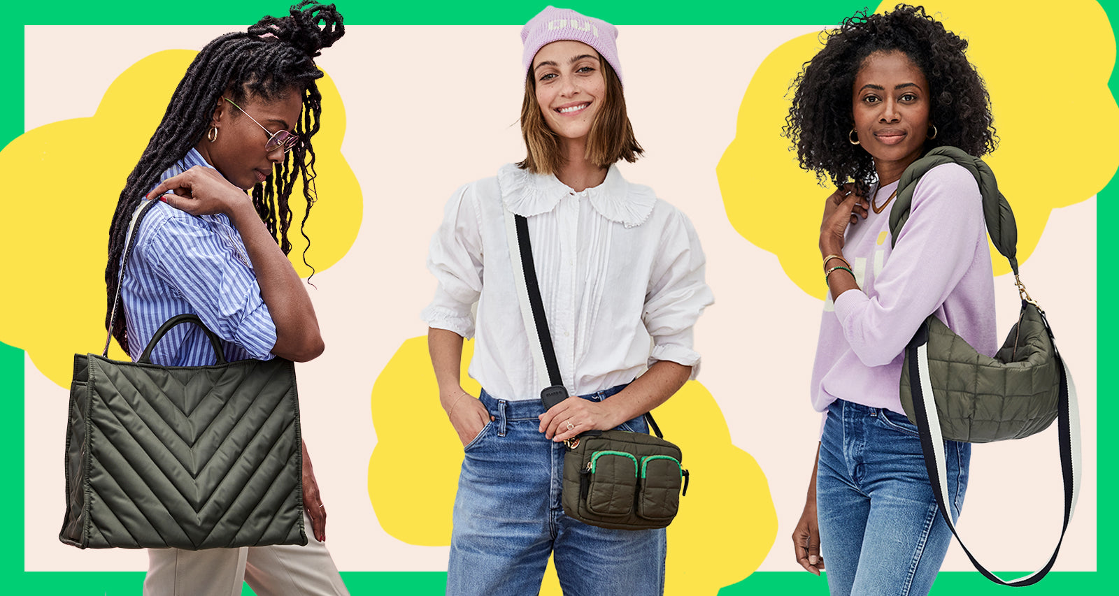 Mecca Wearing Our Army Quilted Simple Tote As A Shoulder Bag. Frannie Wearing Our Midi Sac Sportif in Army Quilted. Mecca Wearing Our Army Quilted Moyen Messenger On Her Shoulder