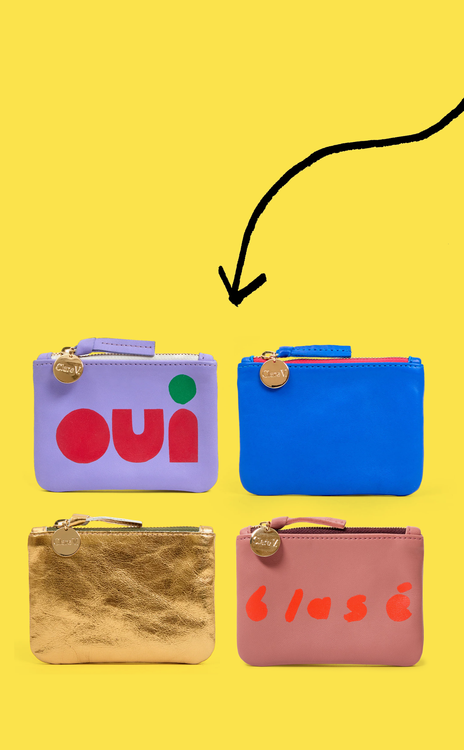 Assortment of four coin clutches with a black arrow pointed at them.
