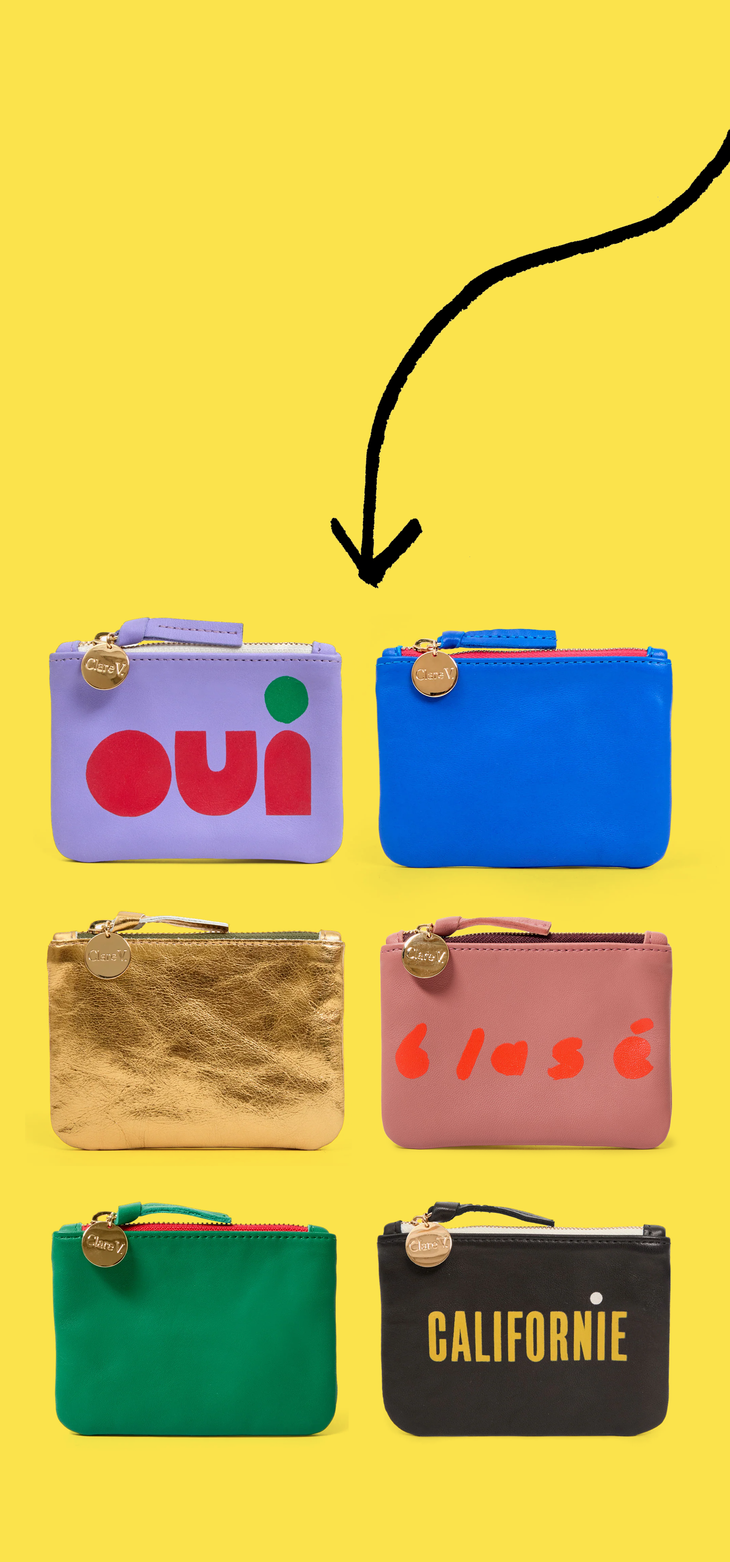 Assortment of six coin clutches with a black arrow pointed at them.