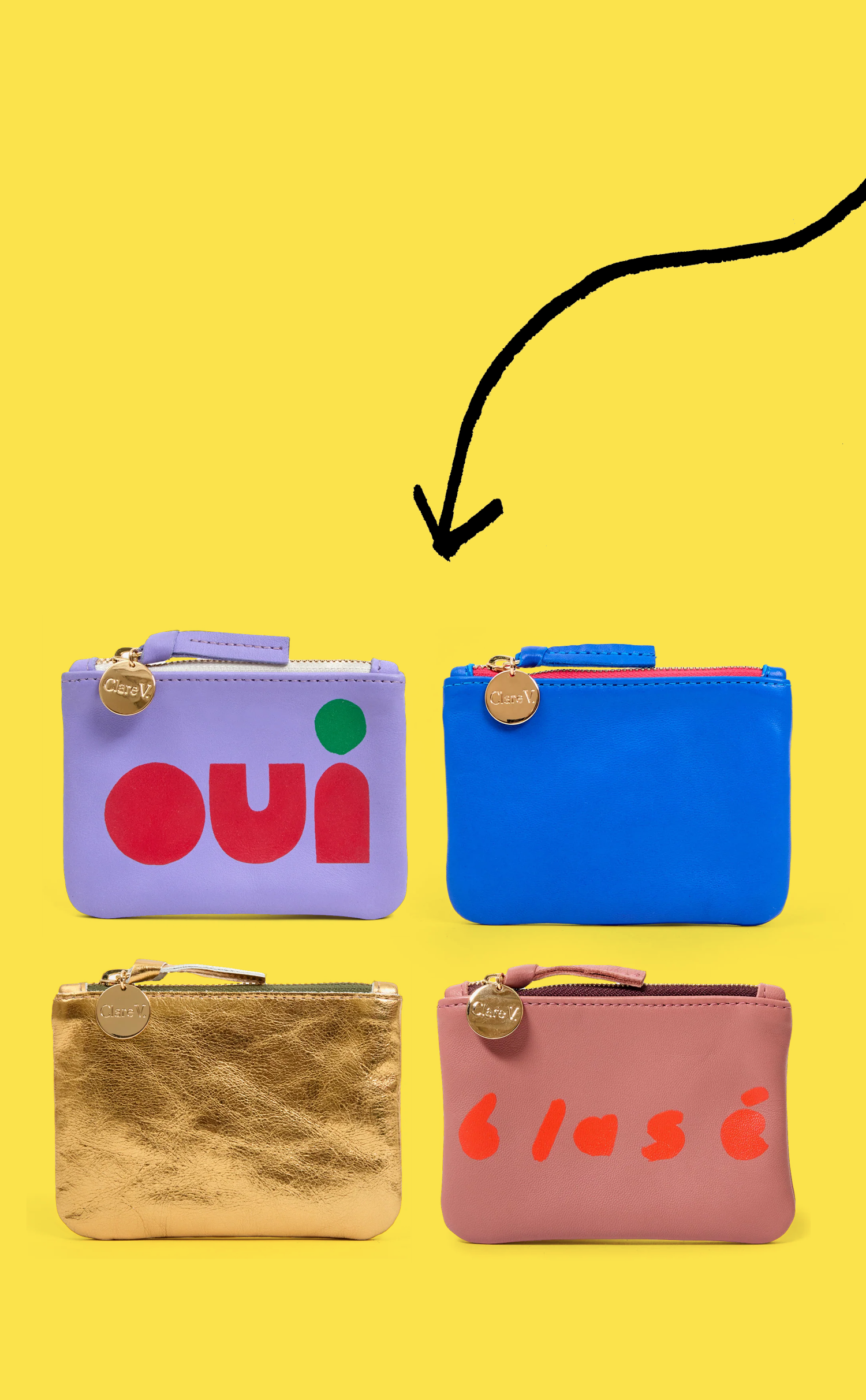 Assortment of four coin clutches with a black arrow pointed at them.