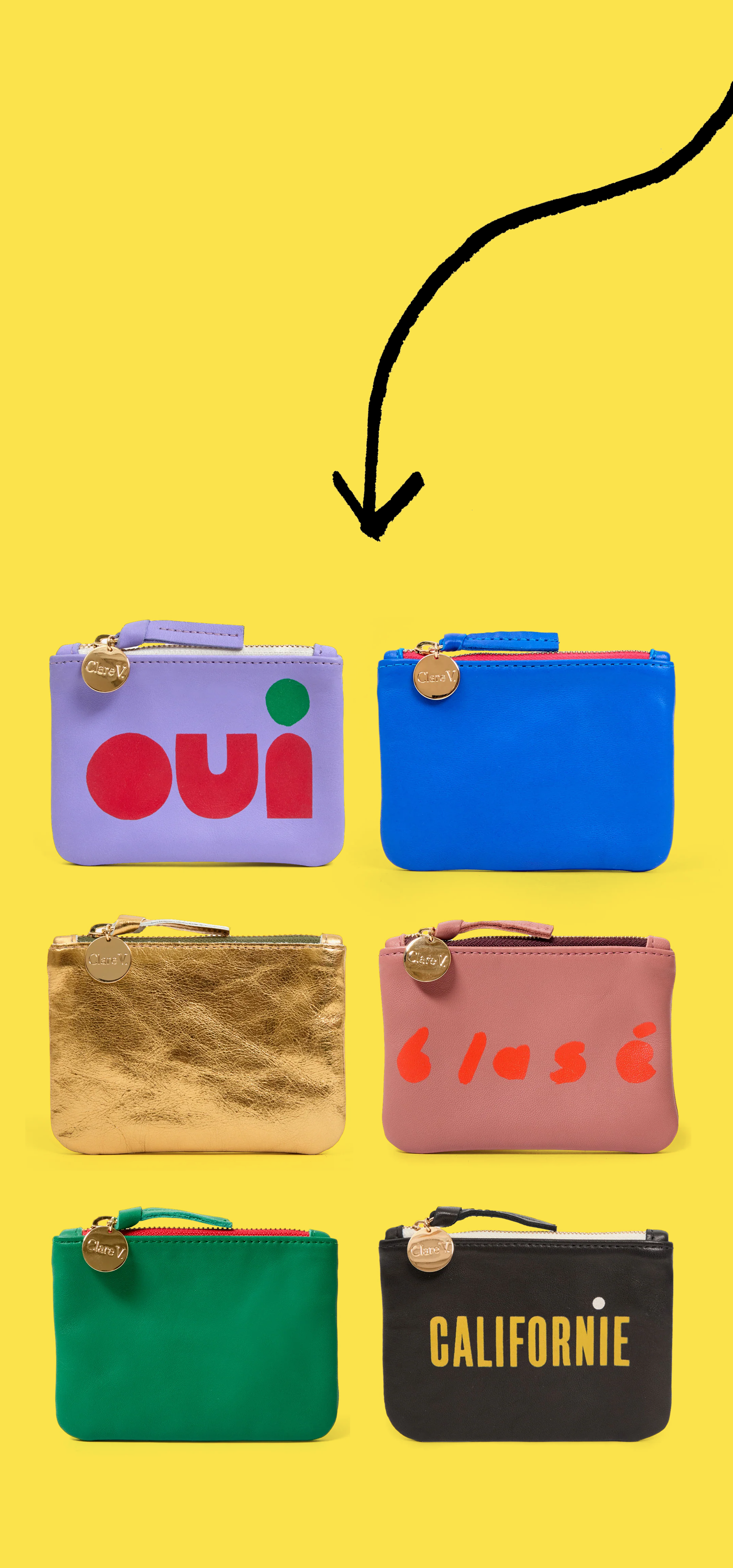 Assortment of six coin clutches with a black arrow pointed at them.