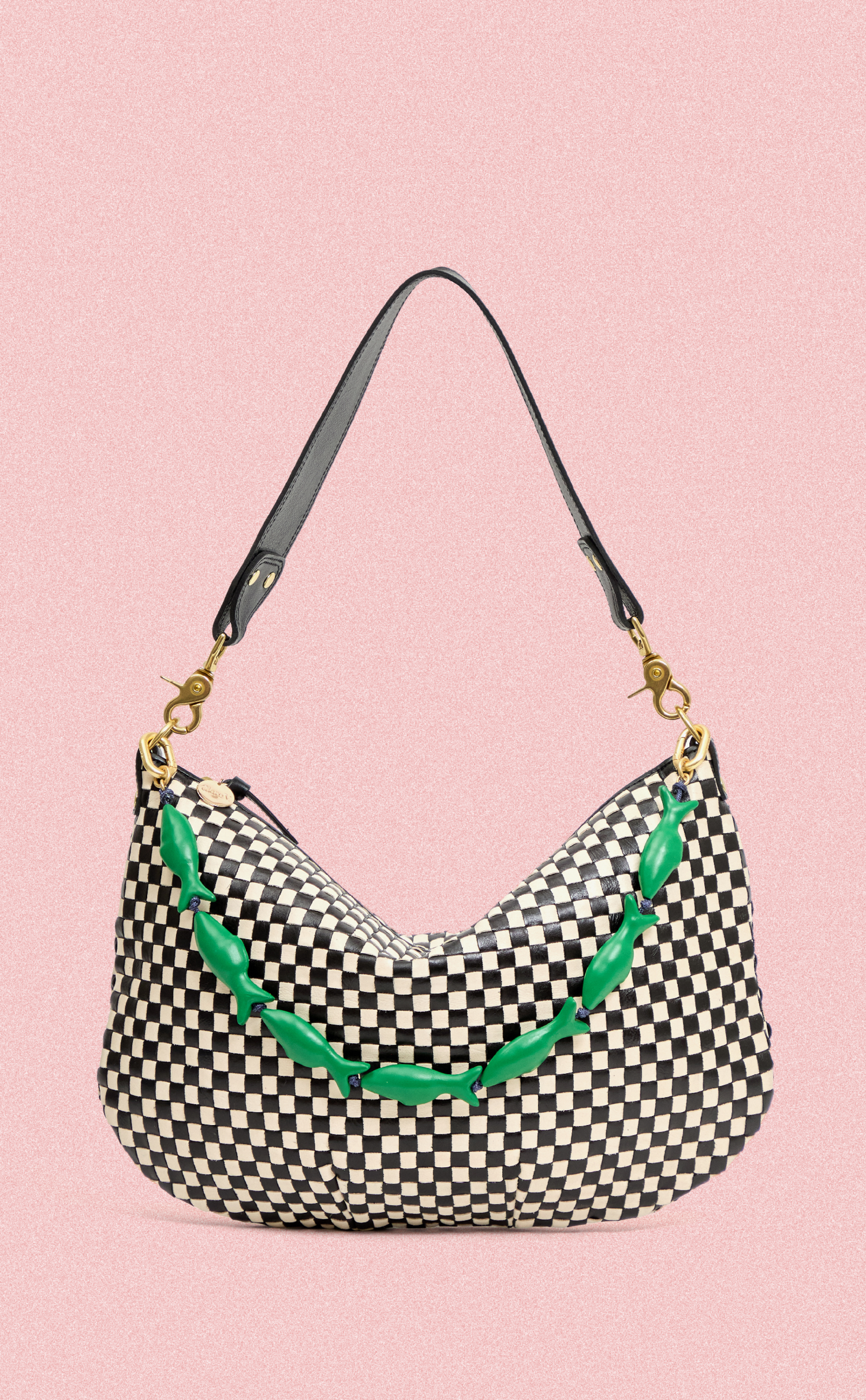 Black and Cream Woven Moyen Messenger with Emerald Sardine Shortie Strap.