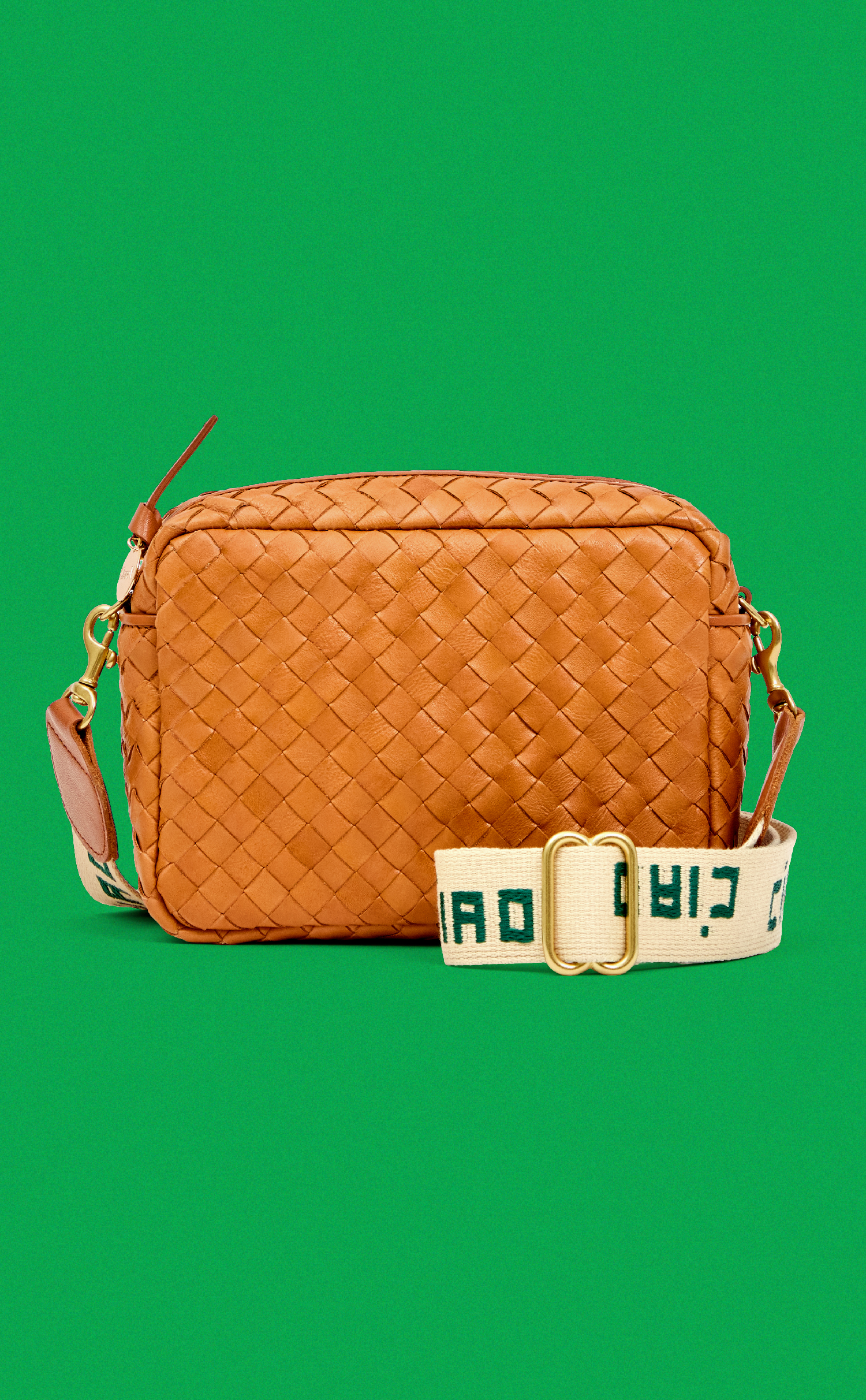 Natural Diagonal Woven Midi Sac with Natural and Fern Ciao Adjustable Crossbody Strap. 