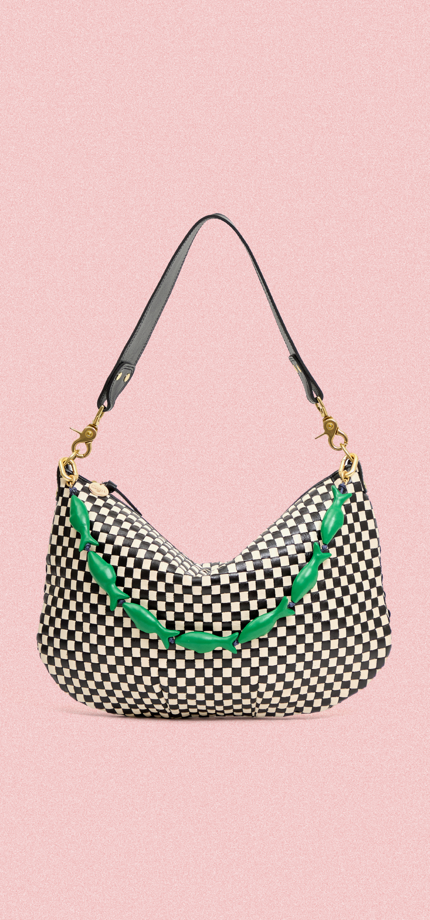 Black and Cream Woven Moyen Messenger with Emerald Sardine Shortie Strap.