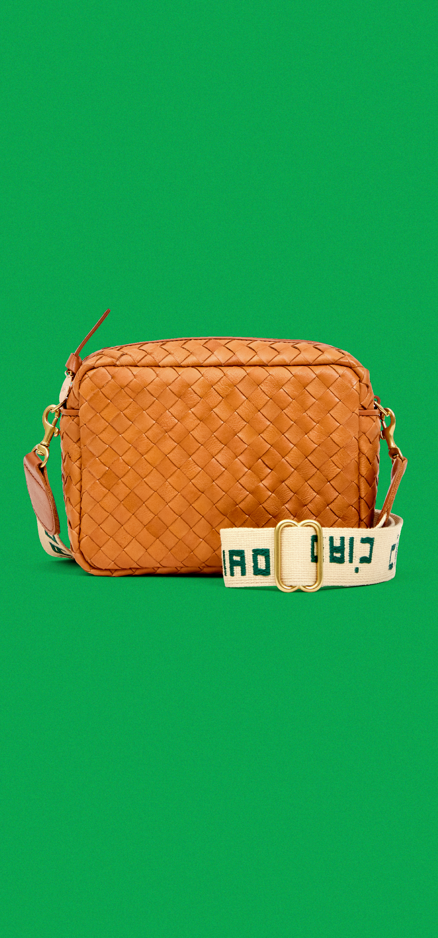 Natural Diagonal Woven Midi Sac with Natural and Fern Ciao Adjustable Crossbody Strap. 