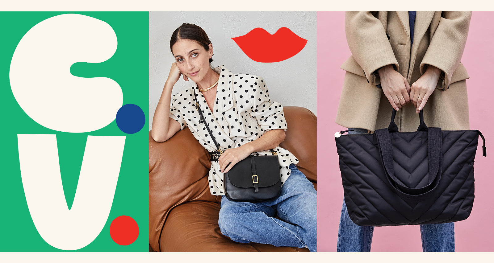 C.V. Frannie Sitting Down with Our Louis Black Bag Worn Crossbody. Frannie Holding Our Black Quilted V Puffer Le Zip Sac Via Top Handles