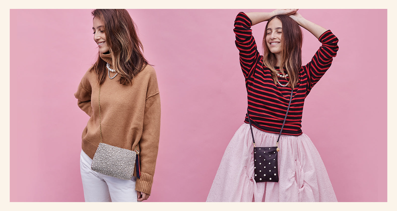 Frannie Wearing the Silver Beaded Estelle Crossbody. Frannie Wearing the Black with Pearls Poche Crossbody