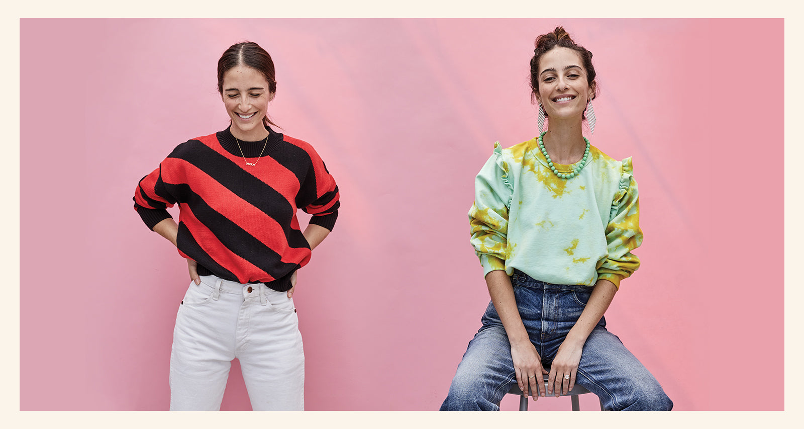 Frannie Wearing the Black & Poppy Diagonal Stripe Drop Shoulder Sweater with her Hands on her Hips. Full Body View of Frannie Wearing the Petit Ruffle Sweatshirt in Daiquiri & Marigold Tie-Dye