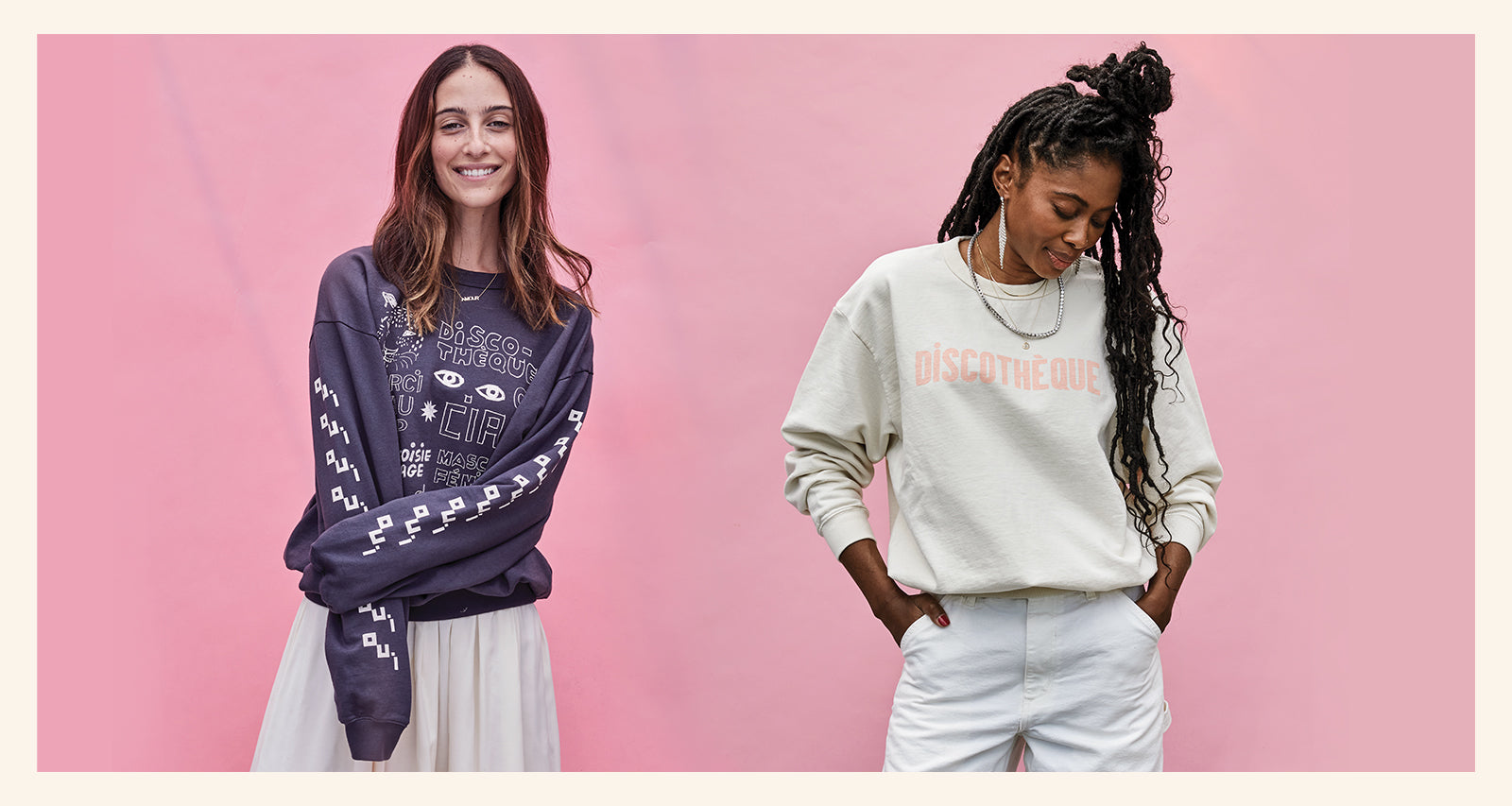 Frannie Wearing the Charcoal with Cream Icon Print Oversized Sweatshirt. Mecca Wearing the Cream w/ Dusty Pink Discotheque Oversized Sweatshirt