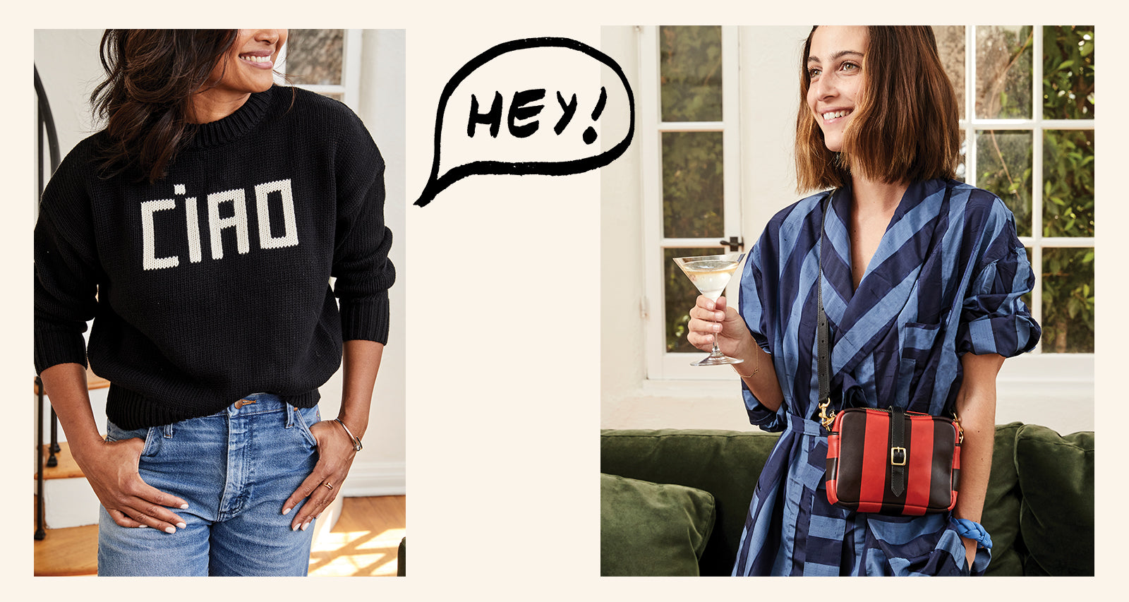 Joanna Wearing the Black w/ Cream Ciao Cotton-Cashmere Drop Shoulder Sweater. Frannie Wearing the Black & Cherry Red Striped Gigi As a Crossbody