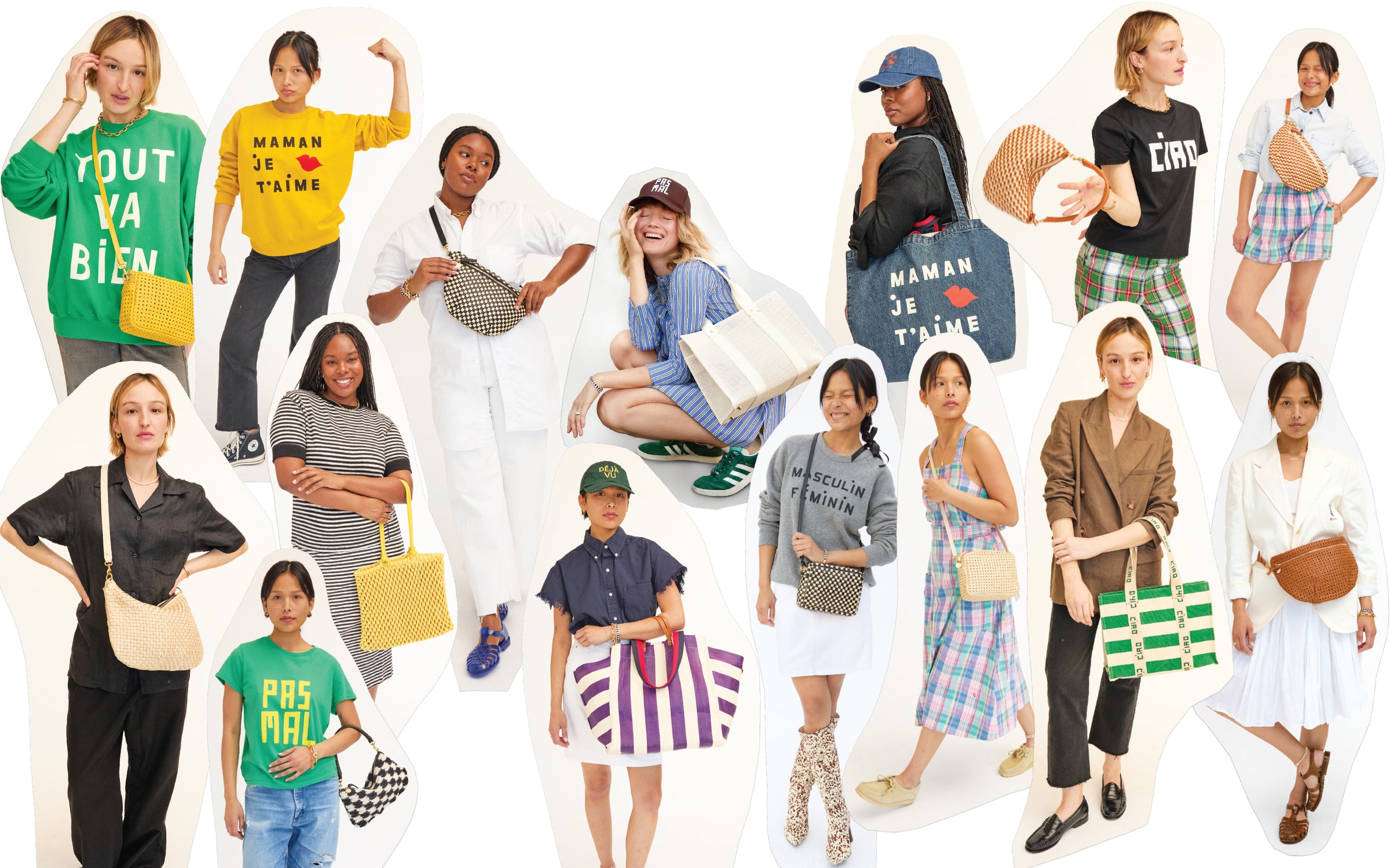 Collage of Clare V. models carrying our Spring collection handbags and some apparel pieces. 