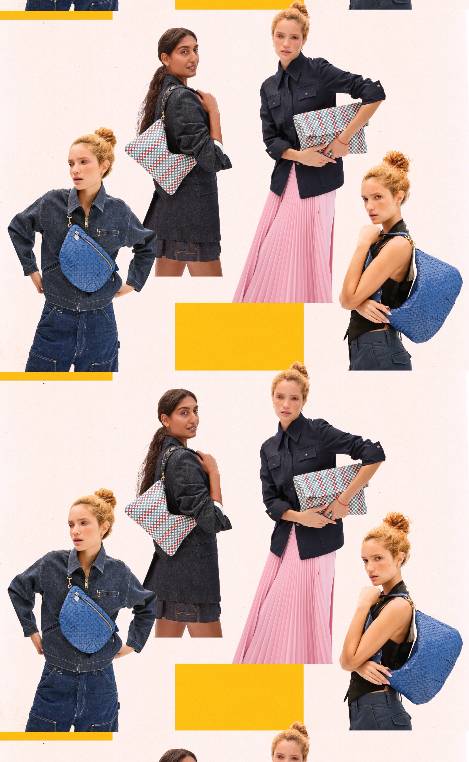 Models carrying the following products - French Blue Diagonal Grande Fanny, French Blue Diagonal Moyen Messenger, Desert Blue Multi Stripe Carryall Clutch, and Desert Blue Multi Stripe Flat Clutch with Braided Shoulder Strap. 