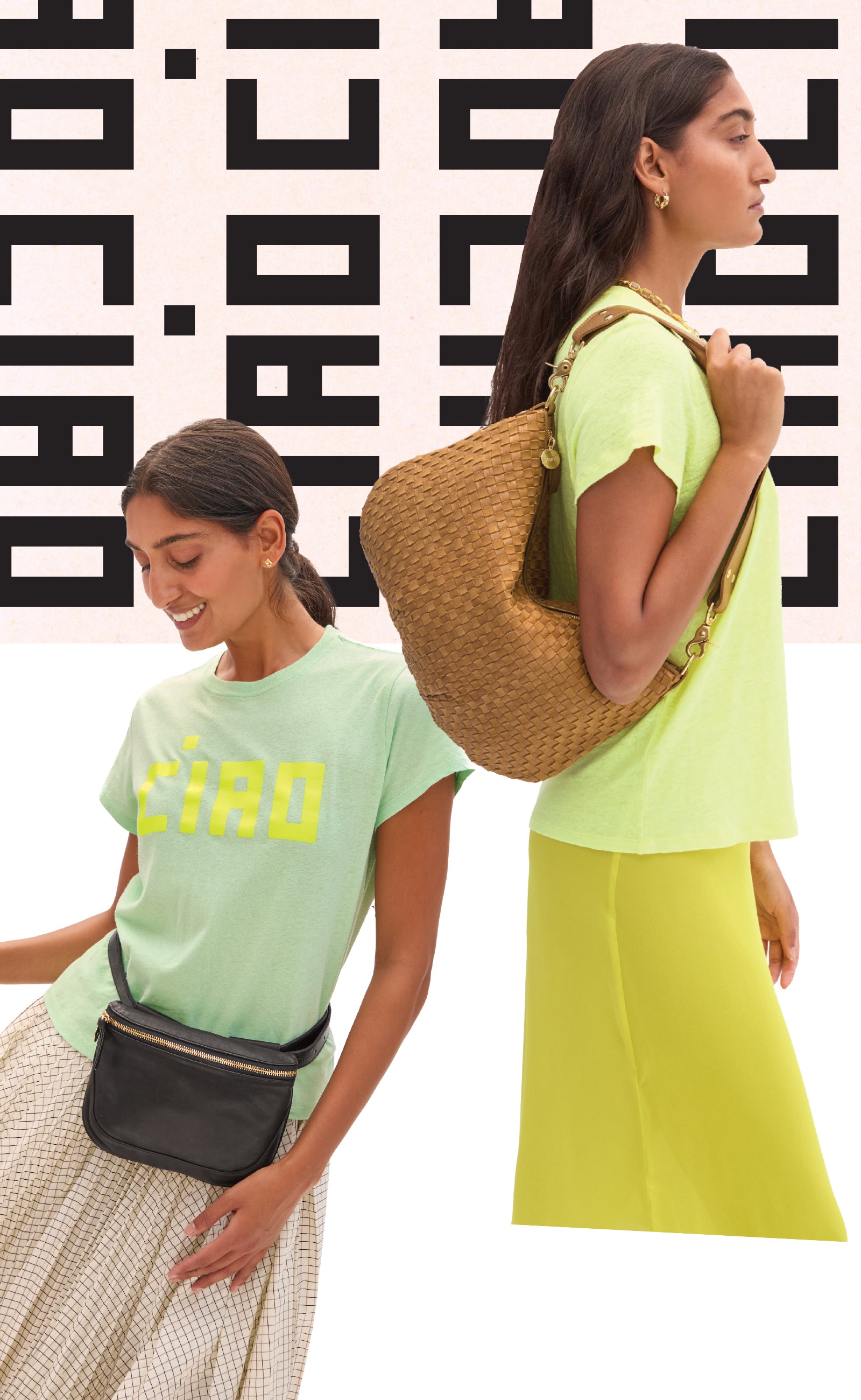 Model carrying the Sequoia Woven Moyen Messenger and another model carrying the Black Fanny Pack. 