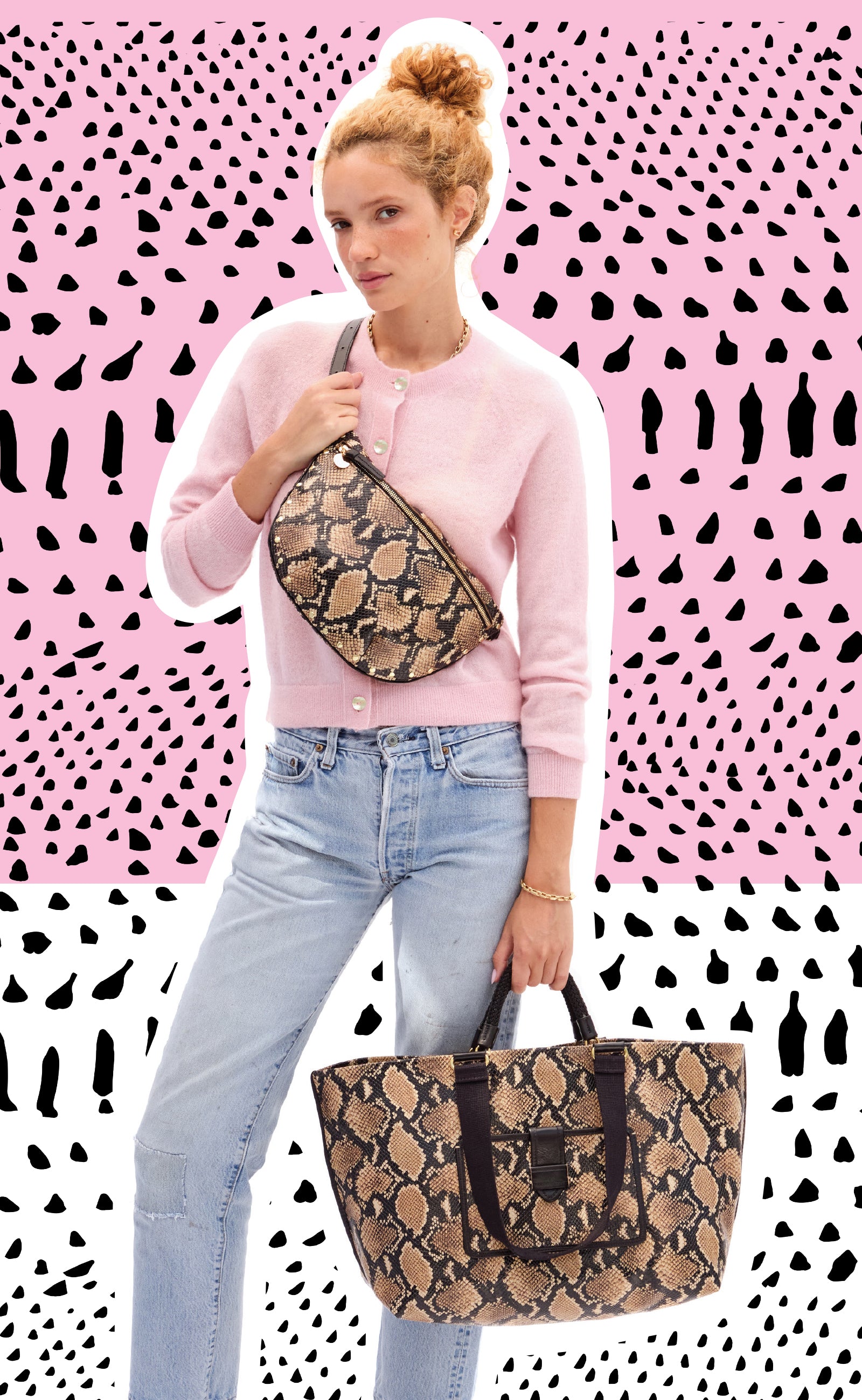 Model carrying the Tan Desert Snake Grande Fanny and matching Grande Bateau Tote. 