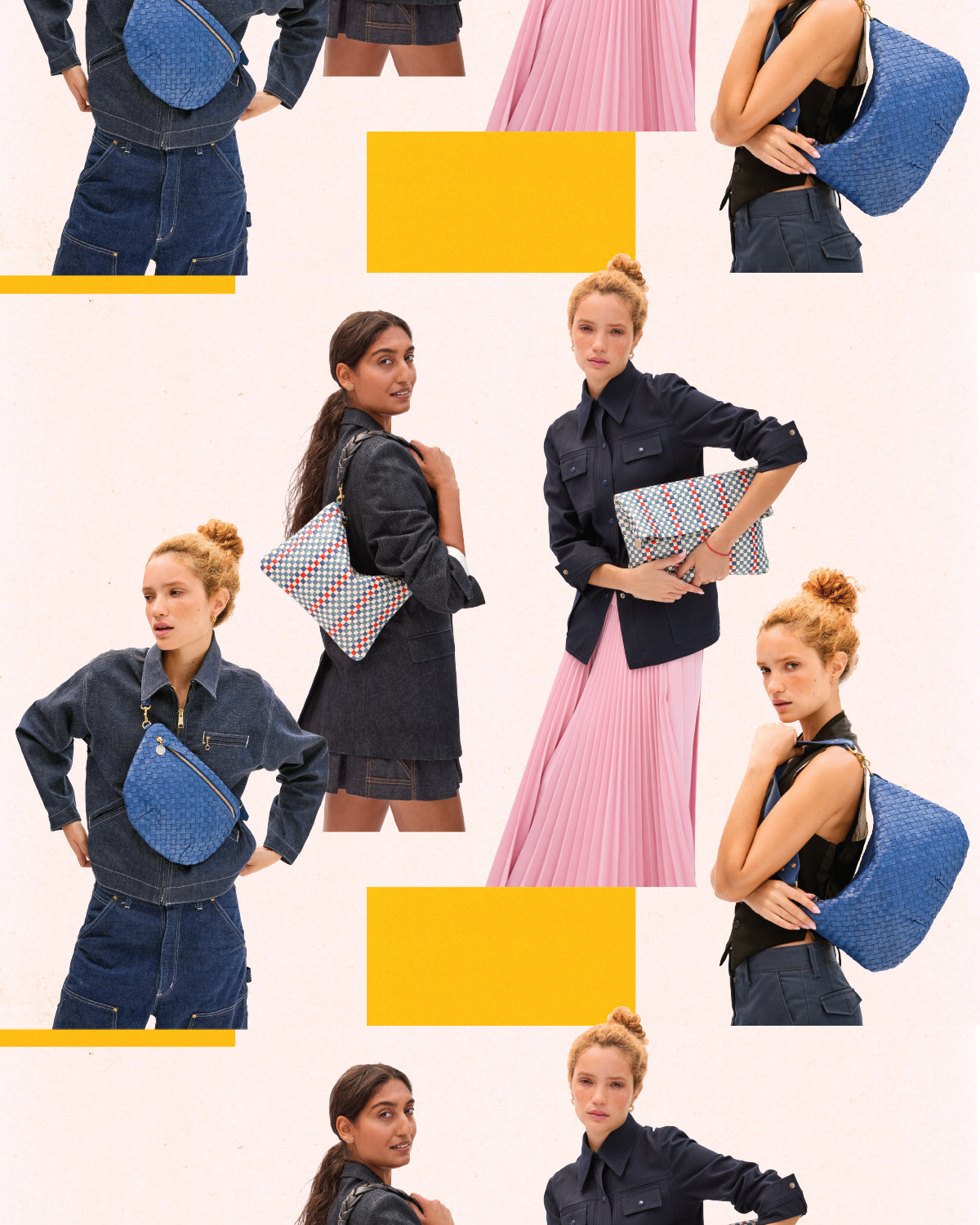 Models carrying the following products - French Blue Diagonal Grande Fanny, French Blue Diagonal Moyen Messenger, Desert Blue Multi Stripe Carryall Clutch, and Desert Blue Multi Stripe Flat Clutch with Braided Shoulder Strap. 