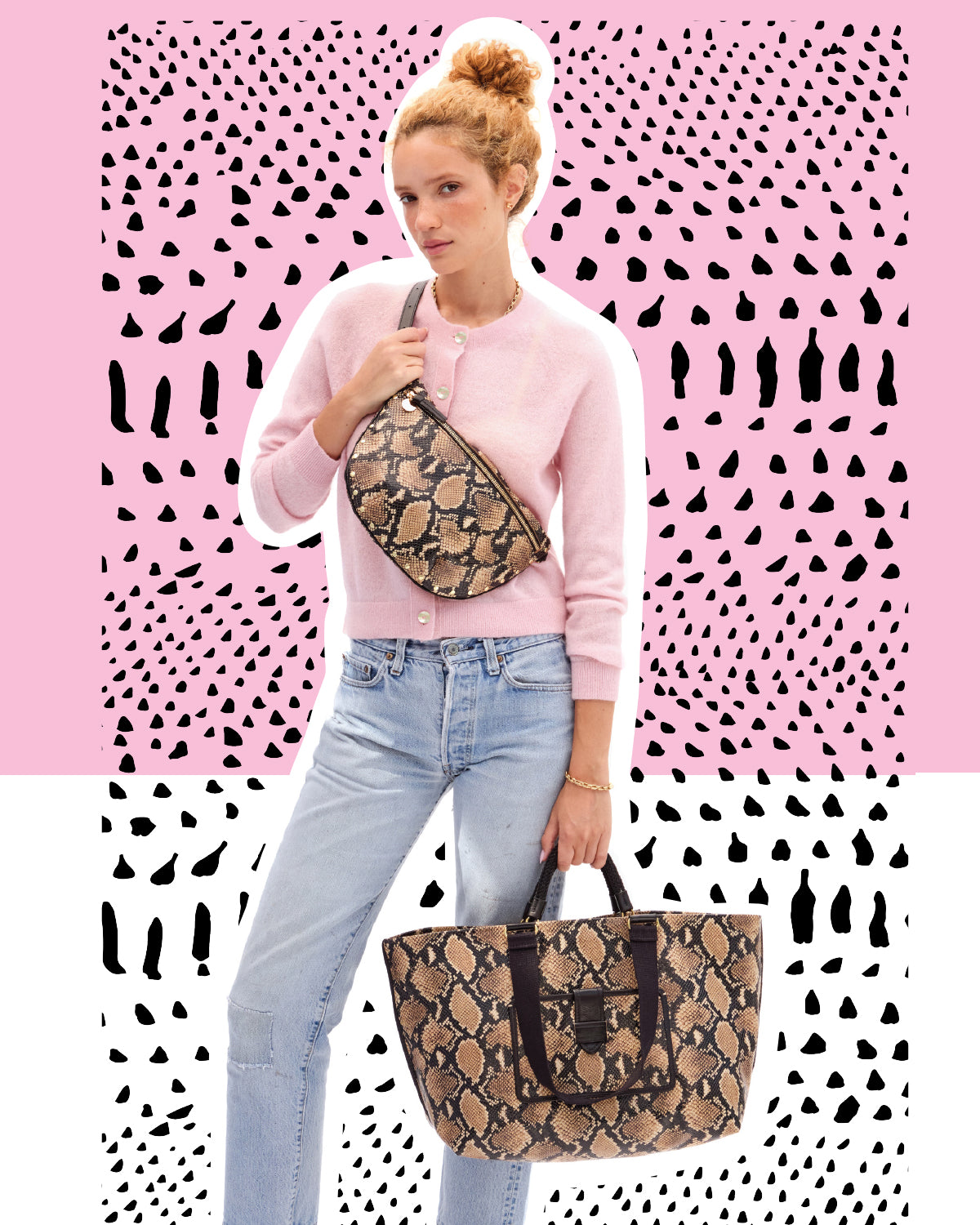 Model carrying the Tan Desert Snake Grande Fanny and matching Grande Bateau Tote. 