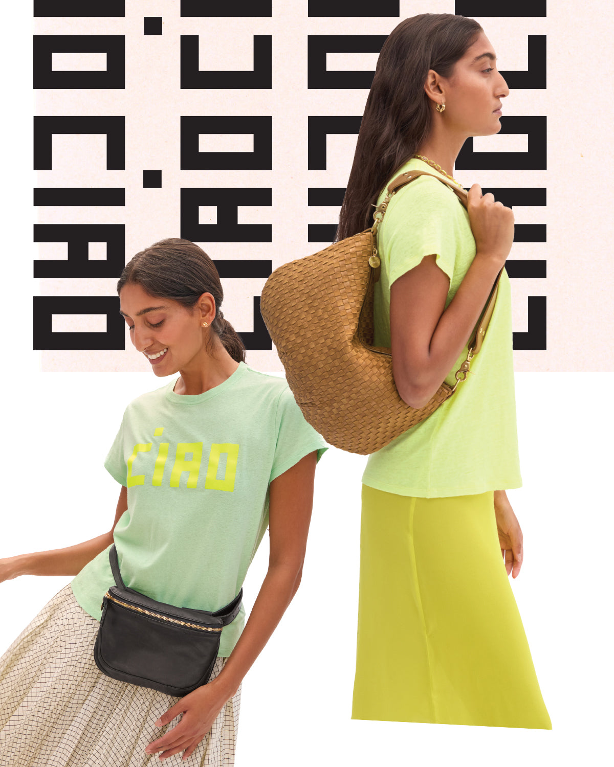 Model carrying the Sequoia Woven Moyen Messenger and another model carrying the Black Fanny Pack. 