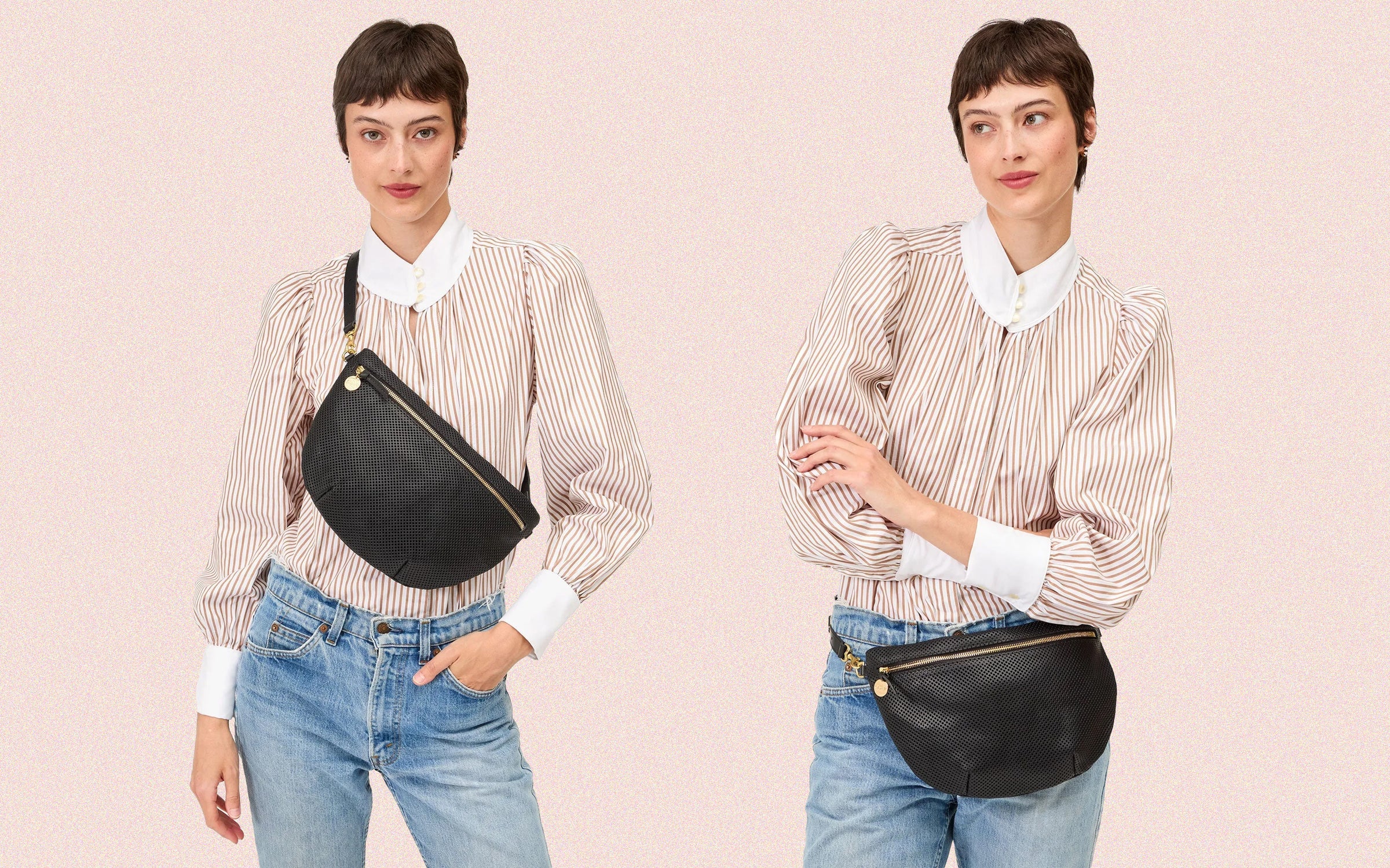 Model carrying the Grande Fanny two ways - around her waist and across her chest. 