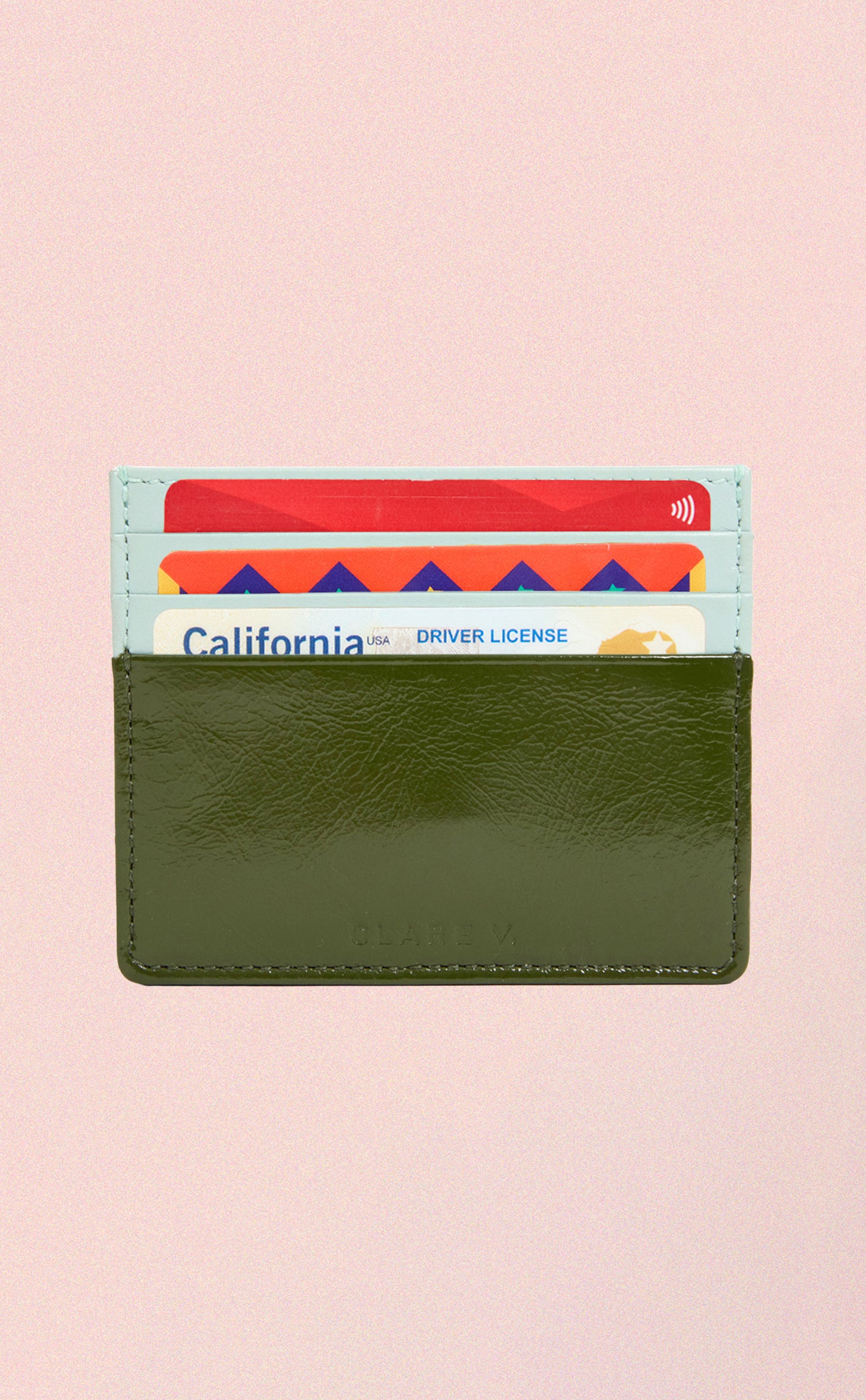 Army Crinkle Patent Leather Adam's Card Cases shown filled with a card in each of the three slots. 