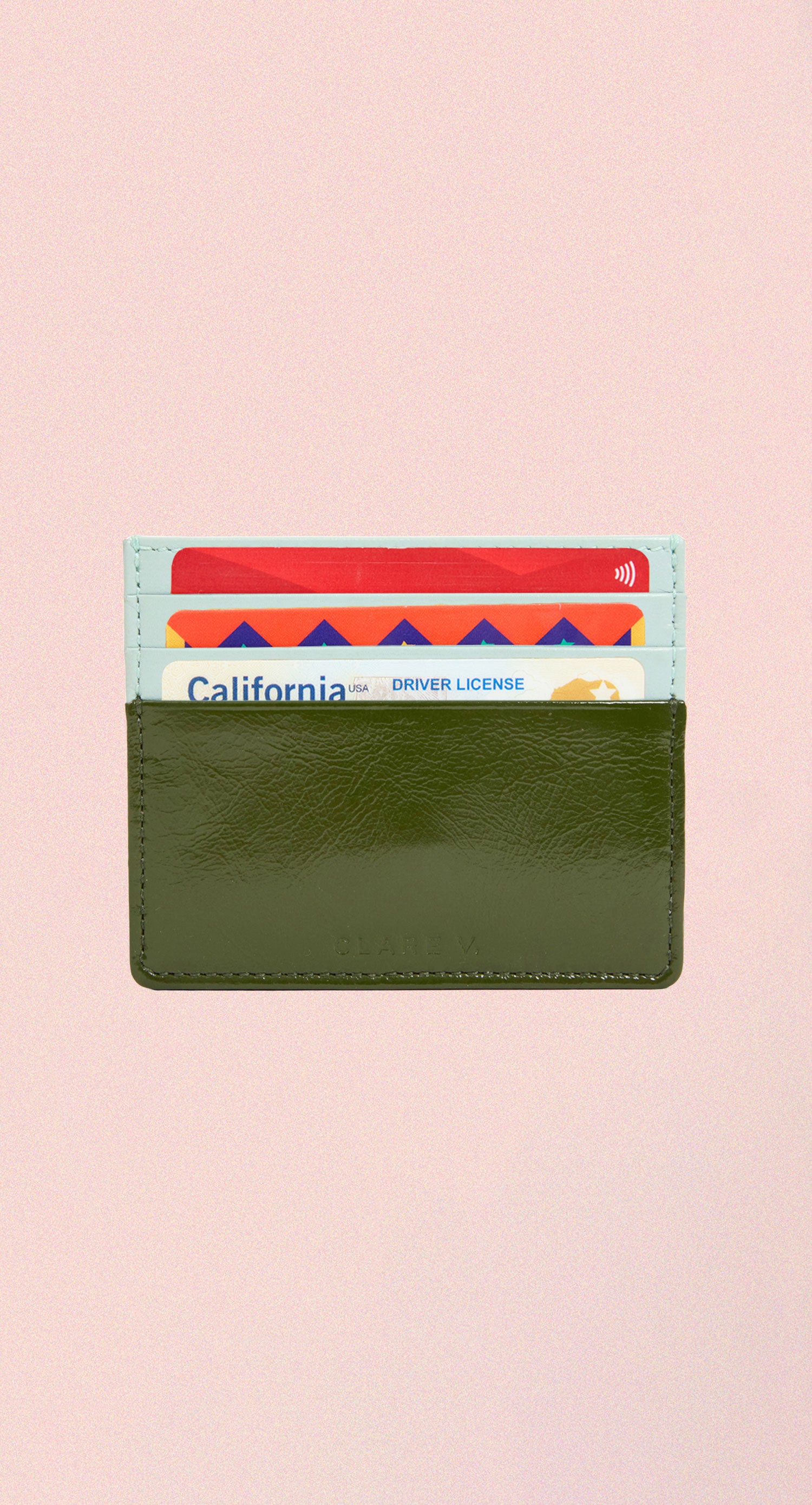 Army Crinkle Patent Leather Adam's Card Cases shown filled with a card in each of the three slots. 